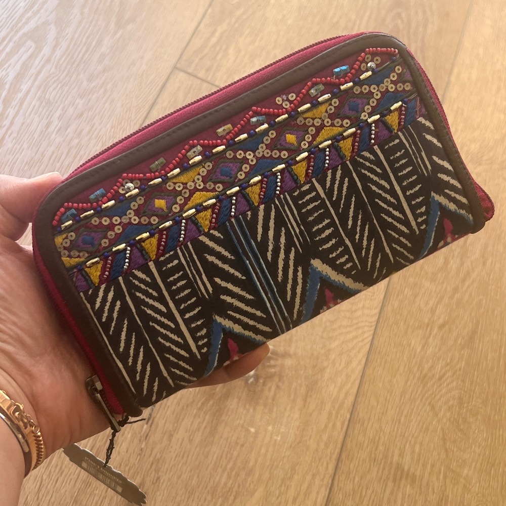 Pier 1 Imports Beaded Embroidered Zip Around Wallet Boho Ikat Geometric Pink NWT